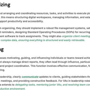 Puede incluir: Texto de un documento titulado "2. Organizar" y "3. Liderar". El texto describe la organización y el liderazgo para asistentes virtuales, incluyendo la estructuración de espacios de trabajo digitales y la comunicación efectiva.