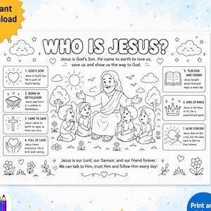 Puede incluir: Una página para colorear en blanco y negro titulada Who Is Jesus? con una ilustración central de Jesús con niños, rodeada de siete recuadros numerados con texto religioso, iconos y elementos decorativos como nubes, estrellas y flores.