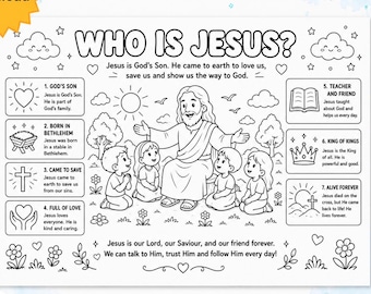 Könnte beinhalten: Eine schwarz-weiße Malvorlage mit dem Titel Who Is Jesus? mit einer zentralen Illustration von Jesus und Kindern, umgeben von sieben nummerierten Feldern mit religiösem Text, Symbolen und dekorativen Elementen wie Wolken, Sternen und Blumen.