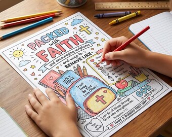 Packed With Faith Coloring Page | Christian Back to School Printable | Bible Verse Coloring Sheet | First Day of School