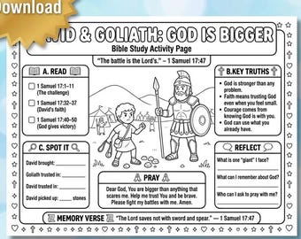 David Bible Activity Sheet for Kids | David and Goliath | Christian Coloring Page Printable | A Heart After God Worksheet | Sunday School