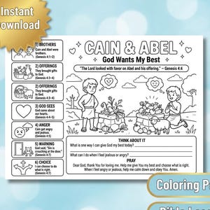 Página para colorear de la lección bíblica de Caín y Abel para niños / Hoja de actividades de Génesis 4 / Historia bíblica sobre los celos y la ira para imprimir / Escuela dominical