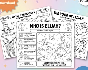 Elijah 3 page Bundle Printable Bible Lesson | Elijah Coloring Page | Sunday School Activity | Homeschool Bible Worksheet | Christian Kids