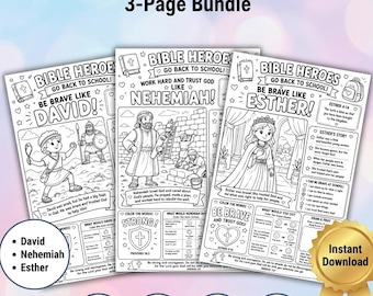 Bible Heroes Back to School Bundle (3 Pages) | Christian Kids Coloring & Activities | David Nehemiah Esther