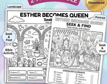 Esther Becomes Queen Seek & Find Bundle | 2 Printable Pages (Landscape + Portrait) | Bible Activity for Kids