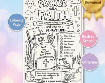 Packed With Faith Coloring Page | Christian Back to School Printable | Bible Verse Coloring Sheet | First Day of School