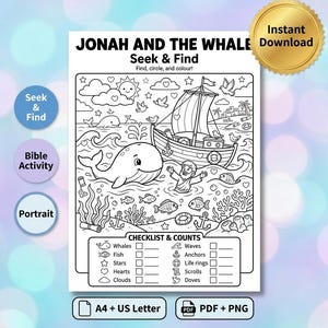 以下が含まれることがあります： 「Jonah and the Whale Seek & Find」と題された白黒の印刷可能なアクティビティシート。ページにはクジラ、ボート、水の中にいる人物の線画イラストが描かれており、下部にはアイテムを数えるためのチェックリストが配置されています。