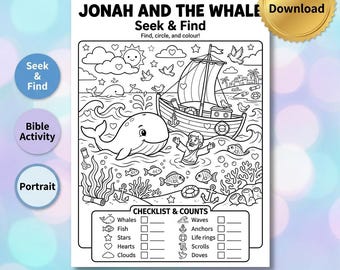 Jonah and the Whale Seek and  Find Printable | Bible Activity for Kids | Find, Circle & Color