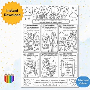 May include: A black and white printable coloring page titled David's Life Story, featuring six illustrated panels depicting biblical scenes with text, including a shepherd, David and Goliath, a king, and a harpist, with decorative clouds and stars.