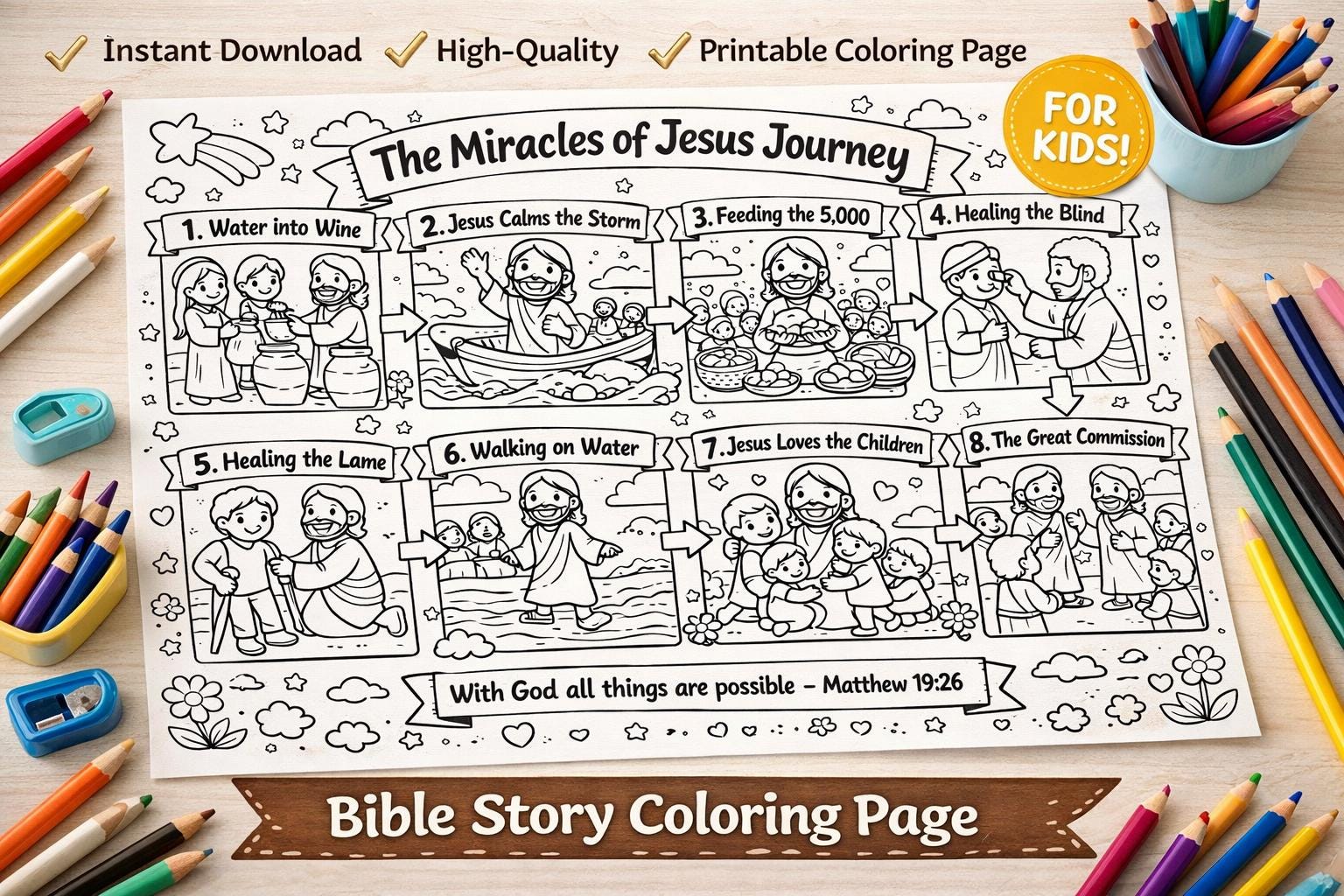 Jesus Miracles Coloring Page Printable, Bible Story Activity for Kids ...