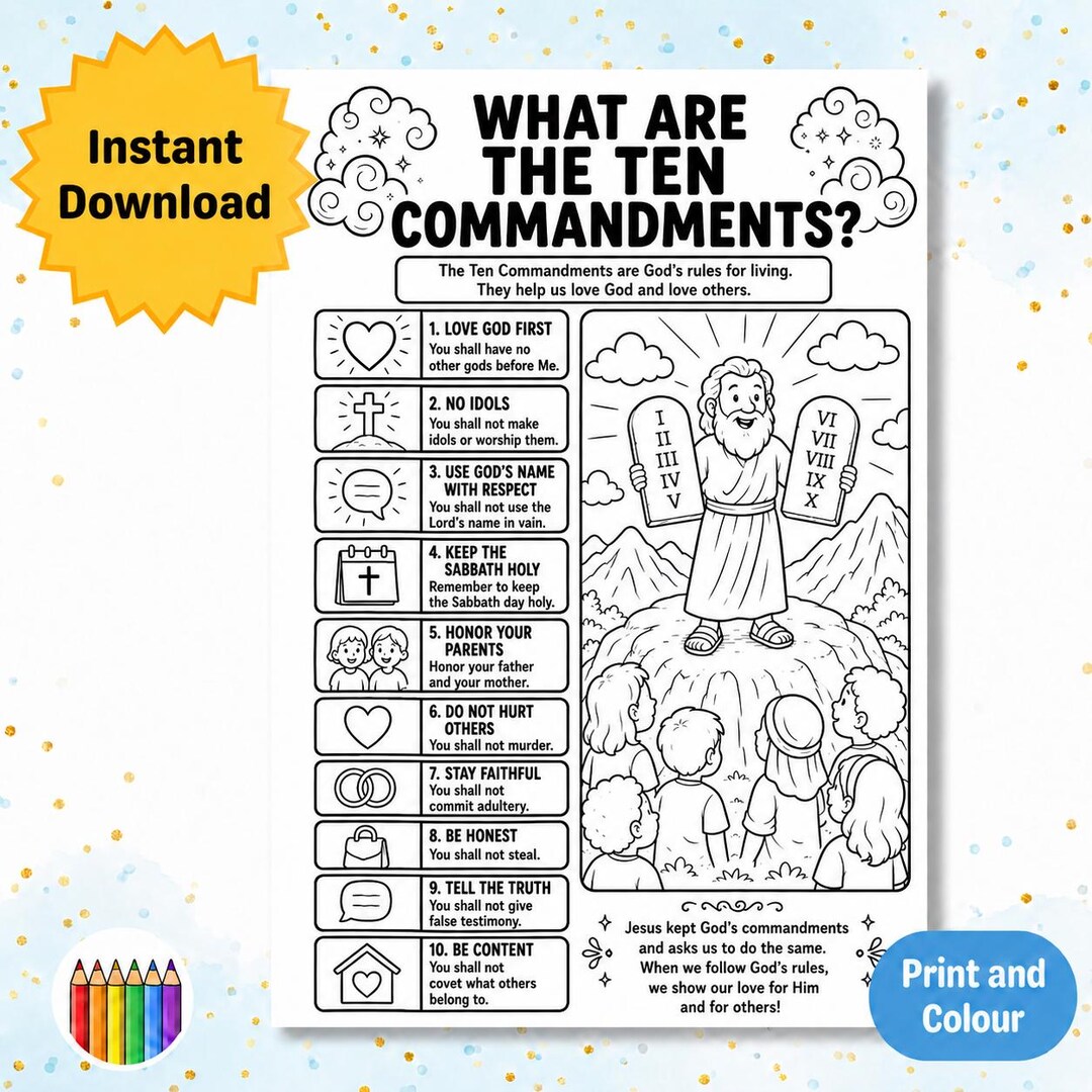 The Ten Commandments Coloring Page for Kids | Bible Story Activity ...