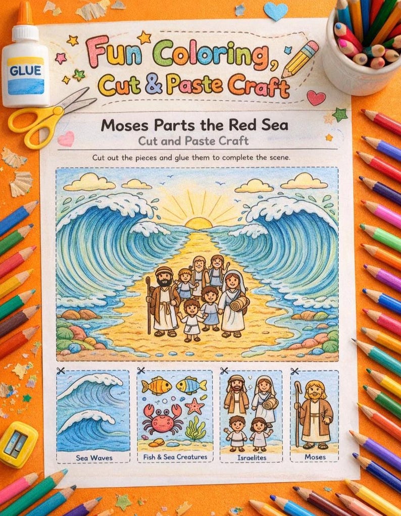 Moses Red Sea Cut and Paste Craft, Bible Coloring Activity for Kids ...