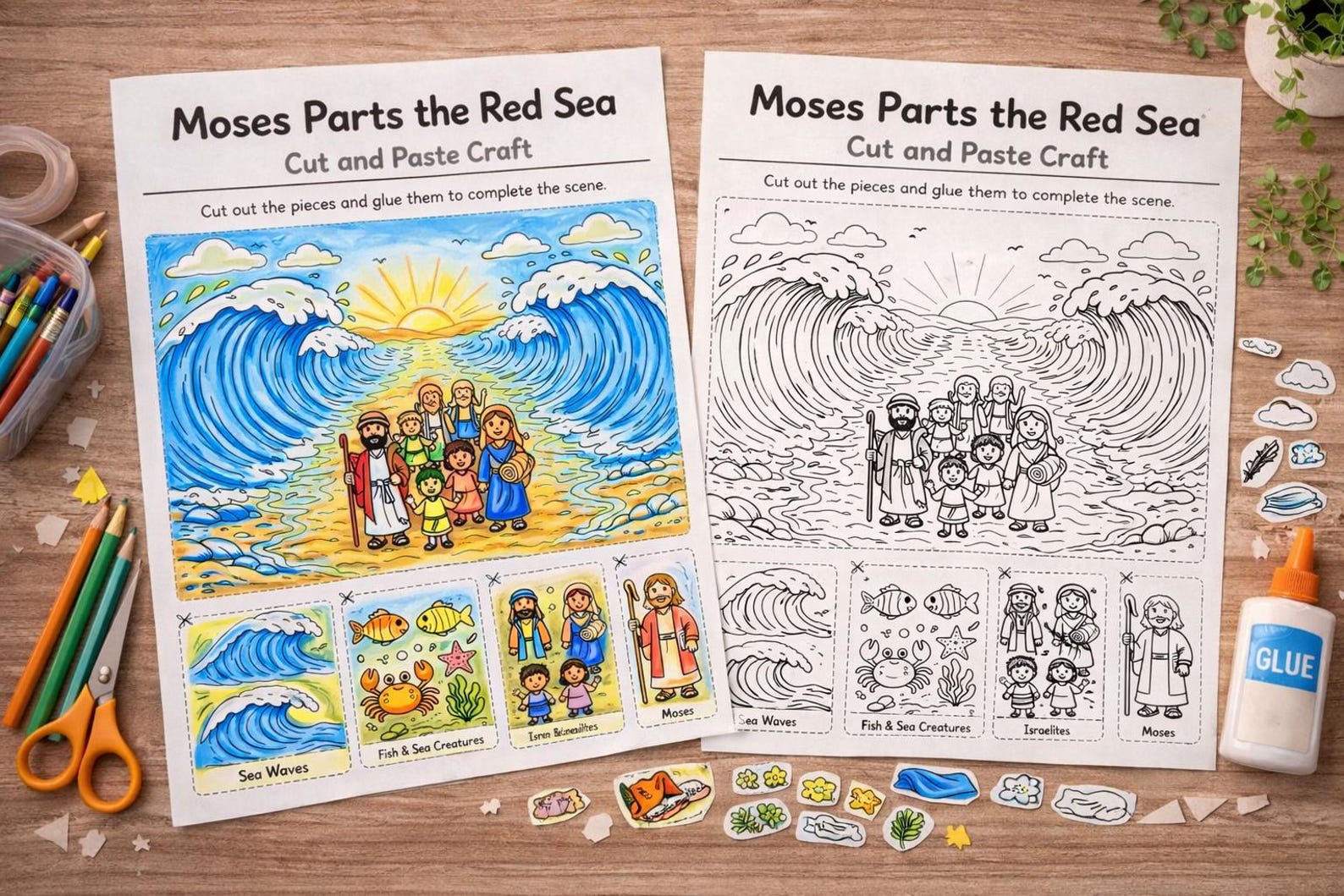 Moses Red Sea Cut and Paste Craft, Bible Coloring Activity for Kids ...