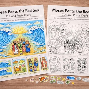 Atividade de recorte e colagem de Moisés no Mar Vermelho, atividade de colorir bíblica para crianças, Êxodo 14 para imprimir, PDF cristão para escola dominical, Moisés Parte Mar Vermelho