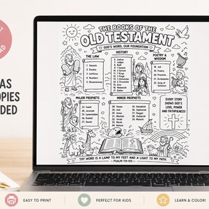 May include: A laptop displays a black and white coloring page of "The Books of the Old Testament." The page includes illustrations of biblical figures, text, and the phrase "Thy word is a lamp to my feet and a light to my path." The words "Print as many copies as needed" are also visible.