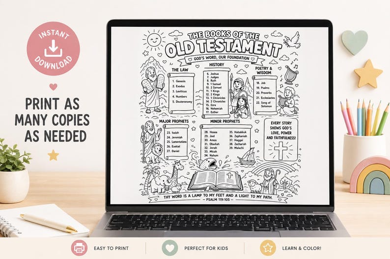 May include: A laptop displays a black and white coloring page of "The Books of the Old Testament." The page includes illustrations of biblical figures, text, and the phrase "Thy word is a lamp to my feet and a light to my path." The words "Print as many copies as needed" are also visible.