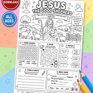 May include: Black and white colouring page featuring the text "JESUS THE GOOD SHEPHERD" and illustrations of Jesus, sheep, and a maze. Includes word search, maze, match, think & write, and Bible verse activities. "Instant Download" and "All Ages" are also displayed.