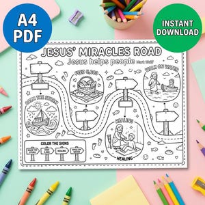 Könnte beinhalten: Schwarz-Weiß-Malvorlage mit dem Titel "JESUS' MIRACLES ROAD" mit Illustrationen biblischer Geschichten. Enthält den Text "Jesus helps people" und die Etiketten "Instant Download" und "A4 PDF". Verfügt über ein Straßenkarten-Design mit Schildern und Symbolen.