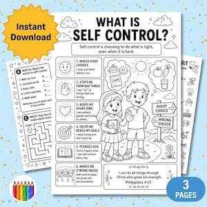 May include: Black and white printable coloring pages with the text "What is Self Control?" featuring illustrations of children, a maze, and a matching activity. Includes a set of colored pencils and the words "Instant Download".