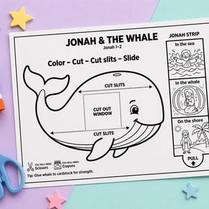 May include: A black and white printable activity sheet titled "Jonah & The Whale." The sheet includes instructions to color, cut, and slide, with a whale illustration and a "Jonah Strip" showing scenes from the story. A glue stick and scissors are visible.