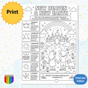 Målarbild för den nya himlen och den nya jorden | Bibellektion för barn i Uppenbarelseboken 21 | Utskrivbart aktivitetsblad för kristna | Direkt nedladdning