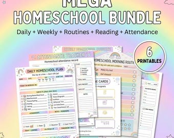 Mega Homeschool Planner Bundle Printable | Daily + Weekly Homeschool Planner | Morning Routine + Visual Cards | Reading Log + Attendance |