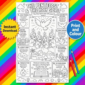 Könnte beinhalten: Schwarz-Weiß-Malvorlage mit dem Titel "Pfingsten & der Heilige Geist". Die Seite enthält Illustrationen biblischer Szenen, Text und die Wörter "Sofort-Download" und "Drucken und Ausmalen".