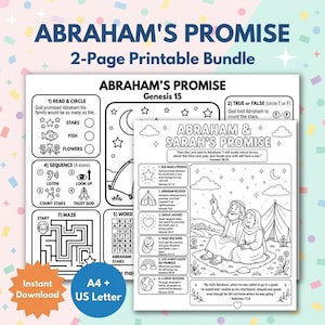 May include: A two-page printable activity bundle titled Abraham's Promise and Abraham & Sarah's Promise. The black and white worksheets feature educational tasks, a maze, word search, and illustrations of biblical figures under a starry night sky.