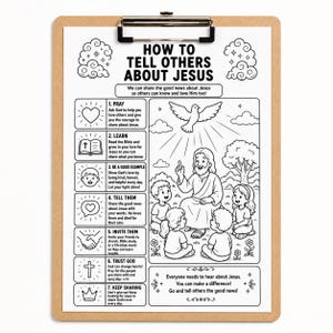 Puede incluir: P&oacute;ster educativo ilustrado en blanco y negro sobre un portapapeles. El t&iacute;tulo del p&oacute;ster es "C&oacute;mo contar a otros sobre Jes&uacute;s". Incluye ilustraciones y texto que explican c&oacute;mo compartir las buenas noticias. El portapapeles tiene un borde marr&oacute;n.