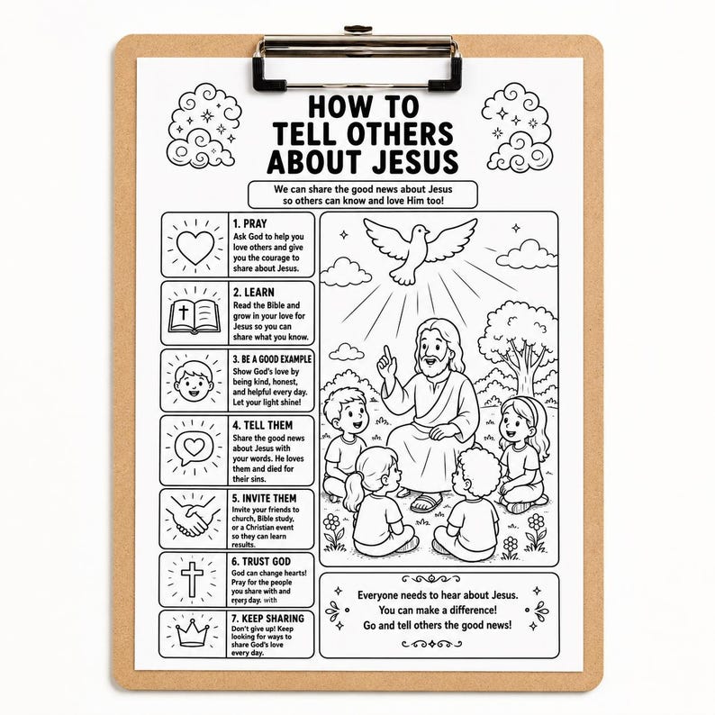 Puede incluir: P&oacute;ster educativo ilustrado en blanco y negro sobre un portapapeles. El t&iacute;tulo del p&oacute;ster es "C&oacute;mo contar a otros sobre Jes&uacute;s". Incluye ilustraciones y texto que explican c&oacute;mo compartir las buenas noticias. El portapapeles tiene un borde marr&oacute;n.