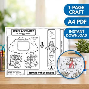 May include: Black and white printable craft depicting Jesus ascending to heaven. The design includes a main scene card, a sliding element, and the text "Jesus is with us always". Includes instructions for coloring, cutting, and sliding.