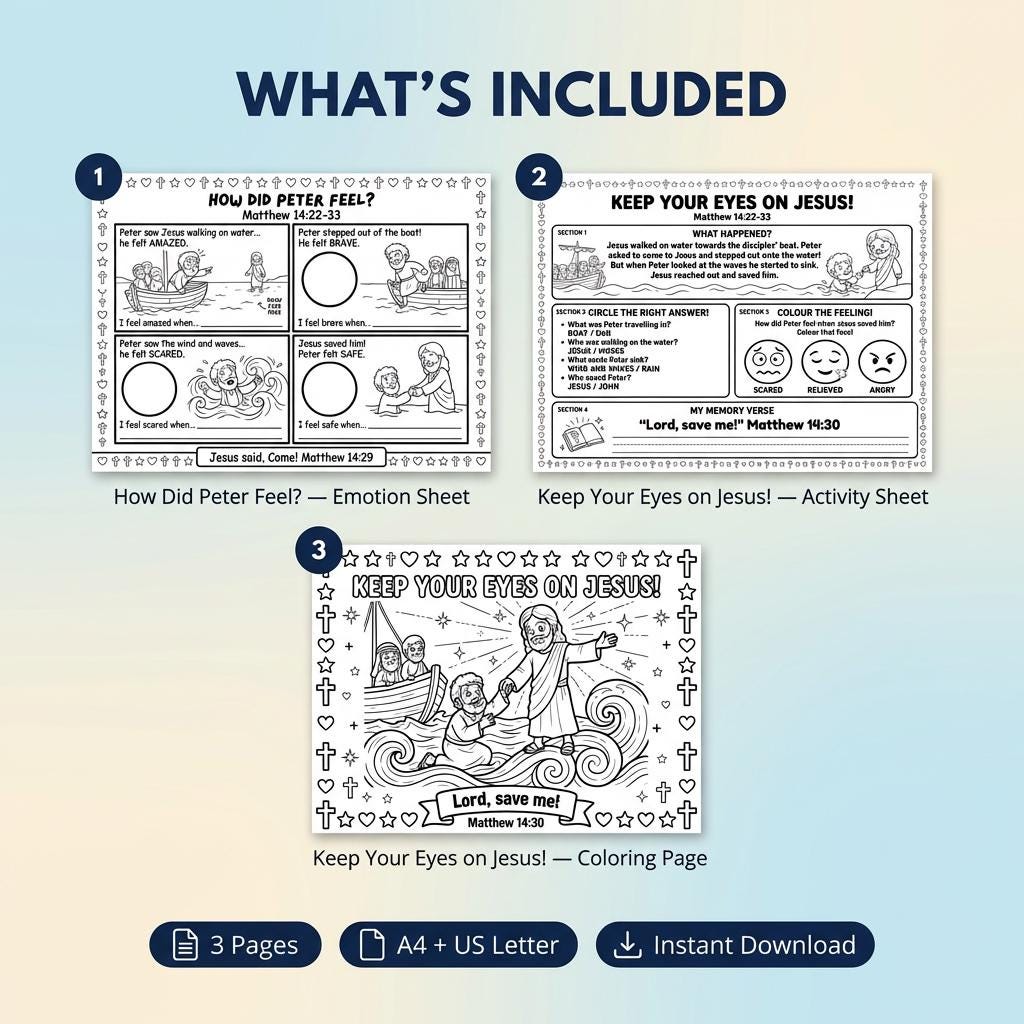 Matthew Rees Worksheet Peter Walks on Water Printable Bundle | Bible Activity Pack for Kids ...