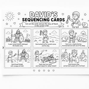 Puede incluir: Una hoja de actividades imprimible en blanco y negro titulada DAVID'S SEQUENCING CARDS que presenta seis escenas ilustradas de la historia de David y Goliat con leyendas, acompañada de lápices de colores y unas tijeras de metal.
