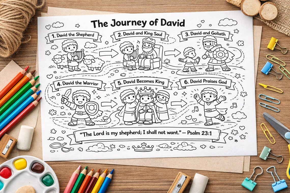Journey of David Coloring Page Printable, Bible Story Activity for Kids ...