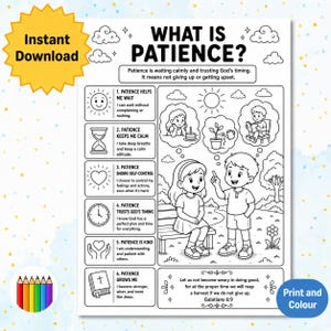 Puede incluir: Página para colorear imprimible en blanco y negro con el texto "WHAT IS PATIENCE?" e ilustraciones relacionadas. Incluye el texto "Descarga instantánea" e "Imprimir y colorear". Presenta a un niño y una niña, y un juego de lápices de colores.