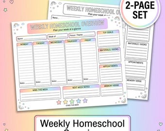 Weekly Homeschool Planner Printable | Weekly Homeschool Plan Sheet | Homeschool Schedule + Checklist | Rainbow Pastel + Black & White