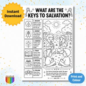 Może przedstawiać: Czarno-biała strona do kolorowania z tekstem "WHAT ARE THE KEYS TO SALVATION?" oraz ilustracjami dzieci, symboli i wersetów biblijnych. Zawiera tekst "Natychmiastowe pobieranie" i "Drukuj i koloruj".