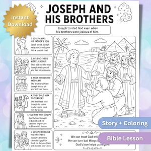 May include: A black and white printable coloring page titled Joseph and His Brothers. It features a central illustration of Joseph and his brothers in a desert landscape with pyramids, alongside six numbered panels detailing the biblical story.