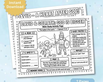 David Bible Activity Sheet for Kids 2 PAGES | Christian Coloring Page Printable | A Heart After God Worksheet | Sunday School PDF |