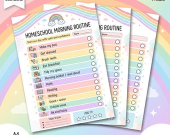 Puede incluir: Un paquete de tres páginas de lista de verificación para la rutina matutina de educación en casa con un encabezado de arcoíris pastel, ilustraciones de nubes y filas de tareas con iconos para actividades, incluyendo una sección de metas y estrellas.