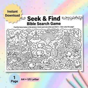 May include: A black and white Seek & Find Bible Search Game colouring page featuring illustrations of a church, crosses, sheep, doves, fish, a boat, and scrolls. The text reads Seek & Find Bible Search Game, Find the items below in the picture.