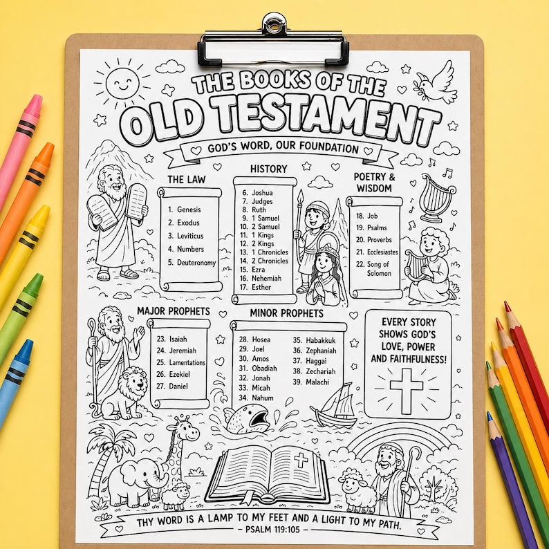 May include: Black and white coloring page titled "The Books of the Old Testament" with illustrations and text. Includes sections for The Law, History, Poetry & Wisdom, Major and Minor Prophets. Crayons are visible on the left and right.