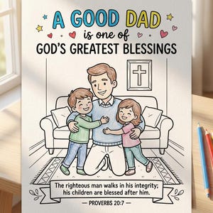 May include: A coloring page featuring a father kneeling on a rug while hugging two children in a living room. The text reads A GOOD DAD is one of GOD'S GREATEST BLESSINGS and The righteous man walks in his integrity; his children are blessed after him. PROVERBS 20:7.