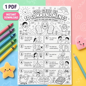 May include: Black and white printable colouring page with the text "GOD GAVE US 10 COMMANDMENTS". Features illustrations of people, Jesus, and symbols like a cross and a bible. Crayons and a star-shaped plush are in the image.