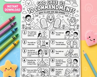 The Ten Commandments Coloring Page for Kids | Bible Story Activity Sheet | Sunday School Printable | Christian Kids Worksheet | Instant Down