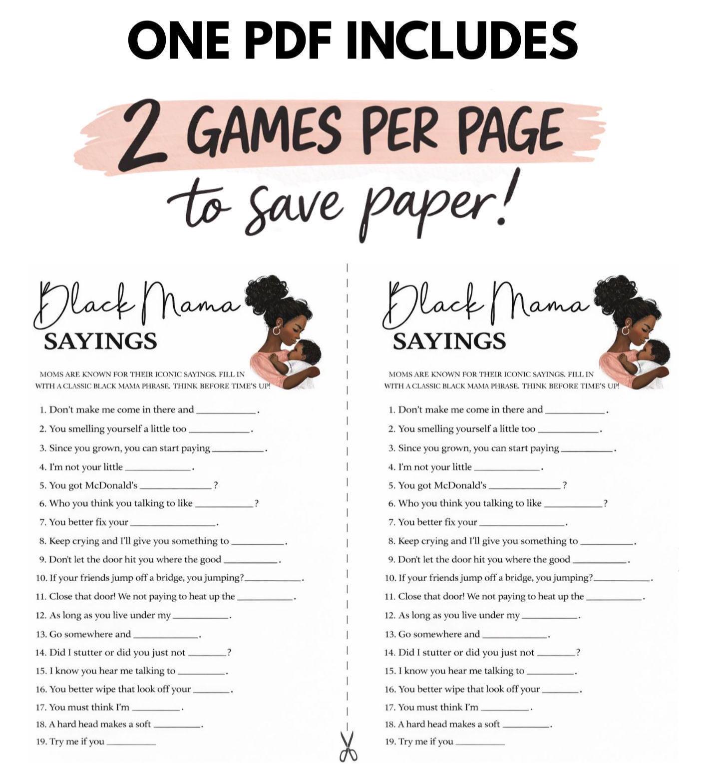 Black Mama Sayings Game, Black Baby Shower Game + ANSWER SHEET , Fun ...