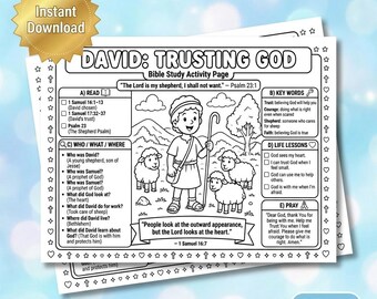 David Bible Activity Sheet for Kids 2 PAGES | Christian Coloring Page Printable | A Heart After God Worksheet | Sunday School PDF |