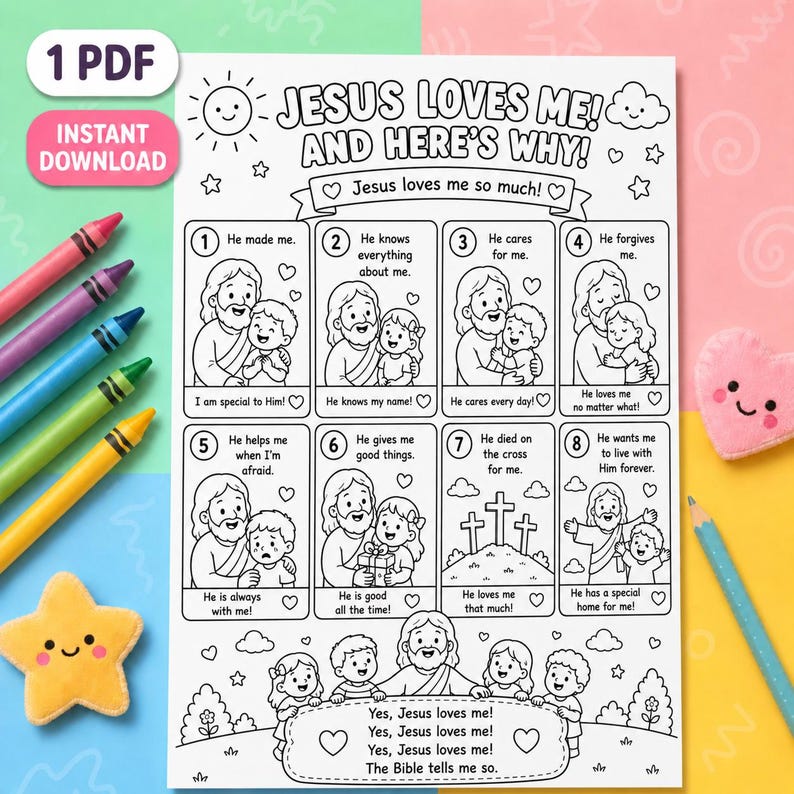 Jesus Loves Me Coloring Page for Kids | Christian Bible Coloring Sheet ...