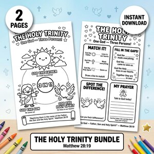 May include: A black and white printable activity bundle titled "The Holy Trinity" with two pages. The pages include coloring pages, fill-in-the-blanks, and matching activities. The bundle is an instant download.