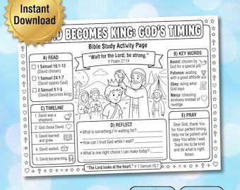 David Bible Activity Sheet for Kids | David Becomes God | Christian Coloring Page Printable | A Heart After God Worksheet | Sunday School